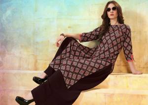 Be It Your College, Home Or Work Place. This Kurti Is Suitable For All. Grab This Brown Colored Rayon Fabricated Kurti Beautified With Prints All Over.