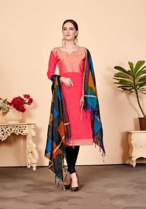 For Your Caasuals Or Semi-Casuals, Grab This Pretty Dress Material In Pink Colored Top Paired With Black Colored Bottom And Dupatta. Its Top Is Fabricated On Jacquard Silk Paired With Cotton Fabricated Bottom And Banarasi Art Silk Dupatta. Buy Now.