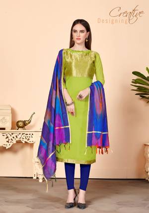 Shine Bright Wearing This Suit In Light Green Colored Top Paired With Contrasting Royal Blue Colored Bottom And Dupatta. Its Top Is Fabricated On Jacquard Silk Paired With Cotton Bottom And Banarasi Art Silk Dupatta. Get This Stitched As PerYour Desired Fit And Comfort.