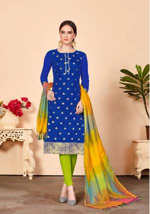Proper Traditional Color Pallete Is Here With This Designer Dress Material In Royal Blue Colored Top Paired With Contrasting Light Green Colored Bottom And Multi Colored Dupatta. Its Top And Dupatta are Silk Based Paired With Cotton Fabricated Bottom.