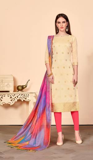 Look Beautiful In This Simple And Elegant Looking Dress Material In Beige Colored Top Paired With Contrasting Pink Colored Bottom And Multi Colored Dupatta. Its Top Is Jacquard Silk Fabricated Paired With Cotton Bottom And Banarasi Art Silk Dupatta. 
