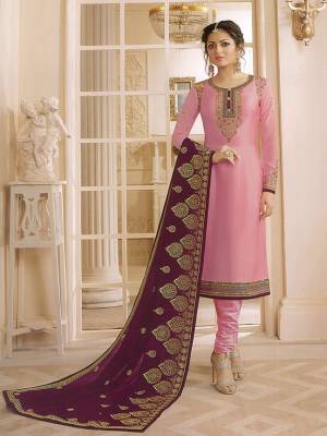 Look Pretty Wearing This Designer Heavy Embroidered Straight Suit In Baby Pink Color Paired With Contrasting Magenta Pink Colored Dupatta. Its Embroidered Top Is Fabricated On Satin Georgette Paired With Santoon Bottom And Net Fabricated Heavy Embroidered Dupatta. This Suit Ensures Superb Comfort All Day Long. 