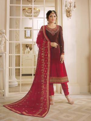 Shades Are Always In, So Grab This Heavy Designer Shaded Suit In Brown And Red Colored Top Paired With Red Colored Bottom And Dupatta. Its Top Is Fabricated On Satin Georgette Paired With Santoon Bottom And Heavy Embroidered Net Fabricated Dupatta. Buy This Suit Now.