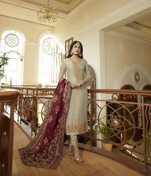 New And Unique Color Pallete Is Here With This Heavy Designer Straight Suit In Rich Cream Color Paired With Contrasting Magenta Pink Colored Dupatta. Its Embroidered Top Is Fabricated On Satin Georgette Paired With Santoon Bottom And Jacquard Silk Fabricated Dupatta. Its Top And Bottom Are Beautified With Attractive Embroidery. Buy Now.