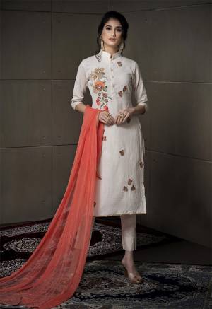 Simple And Elegant Looking Designer Straight Suit Is Here In Off-White Color Paired With Contrasting Peach Colored Dupatta. Its Embroidered Top Is Fabricated On Cotton Linen Paired With Cotton Bottom And Chiffon Fabricated Dupatta. 