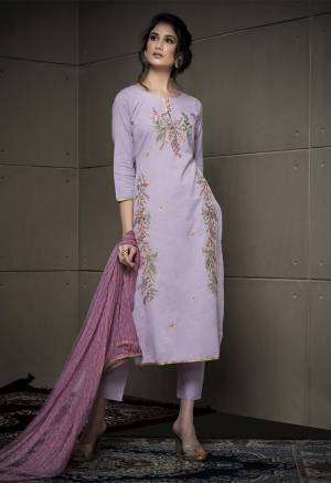 Add The Beautiful Shades In Purple With This Designer Straight Suit In Lilac Colored Top And Bottom Paired With Contrasting Lavender Colored Dupatta. Its Embroidered Top Is Cotton Linen Based Paired With Cotton Bottom And Chiffon Fabricated Dupatta. Buy Now.