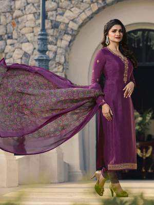 Look Beautiful Wearing This Designer Straight Suit In All Over Purple Color. Its Top And Bottom Are Fabricated On Crepe Paired With Chiffon Fabricated Dupatta. Get This Dress Material Stitched As Per Your Desired Fit And Comfort. 