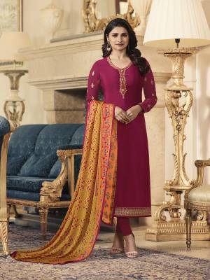 Celebrate This Festive Season Wearing This Designer Straight Cut Suit In Magenta Pink Color Paired With Contrasting Musturd Yellow Colored Dupatta. Buy This Dress Material Now.
