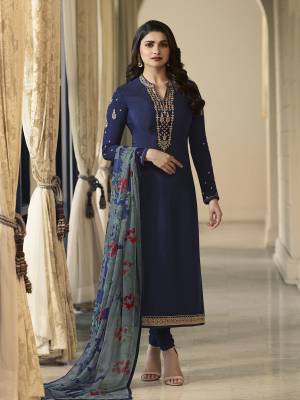 Flaunt Your Rich And Elegant Taste Wearing This Designer Suit In Navy Blue Color Paired With Grey And Multi Colored Dupatta. This Dress Material Is Crepe Based Paired With Chiffon Fabricated Dupatta. It Is Light Weight And Soft Towards Skin Which Is Easy To CArry All Day Long. 