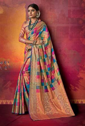 Go Colorful With This Designer Silk Based Saree In Multi Color Paired With Dark Peach Colored Blouse. This Saree And Blouse Are Fabricated On Art Silk beautified With Attractive Weave In Checks Pattern. Buy Now.