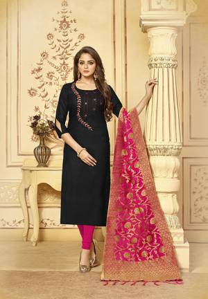 Enhance Your Personality Wearing This Designer Straight Cut Suit In Black Colored Top Paired With Fuschia Pink Colored Bottom And Dupatta. Its Top And Bottom Are Cotton Based Paired With Banarasi Jacquard Fabricated Dupatta. Buy This Dress Material Now.