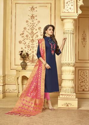 Simple And Elegant Looking Designer Straight Suit Is Here In Navy Blue Colored Top Paired With Contrasting Pink Colored Bottom And Dupatta. Its Top Is Fabricated On Cotton Slub Paired With Cotton Bottom And Banarasi Jacquard Dupatta. Buy This Dress Material Now.