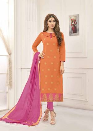 Shine Bright Wearing This Straight Suit In Orange Color Paired With Contrasting Pink Colored Bottom And Dupatta. Its Top Is Fabricated On Cotton Slub Paired With Cotton Bottom And Art Silk Fabricated Dupatta. Buy This Dress Material Now.
