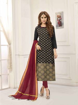 For A Bold And Beautiful Look, Grab This Pretty Dress Material In Black Color Paired With Maroon Colored Bottom And Dupatta. This Dress Material Is Cotton Based Paired With Art Silk Dupatta, Get This Stitched As Per Your Desired Fit And Comfort. 