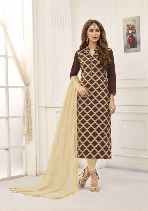 Simple And Elegant Looking Straight Suit Is Here In Brown Colored Top Paired With Beige Colored Bottom And Dupatta. This Dress Material Is Cotton Based Paired With Art Silk Fabricated Dupatta. Get This Stitched As Per Your Desired Fit And Comfort. 