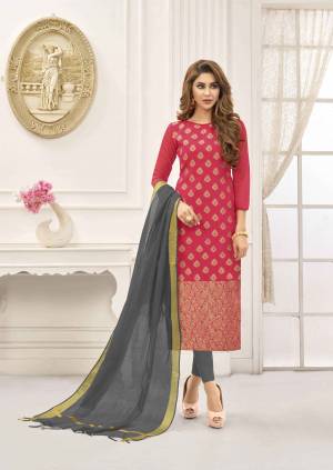 Shine Bright Wearing This Straight Suit In Dark Pink Color Paired With Contrasting Dark Grey Colored Bottom And Dupatta. Its Top Is Fabricated On Cotton Slub Paired With Cotton Bottom And Art Silk Fabricated Dupatta. Buy This Dress Material Now.