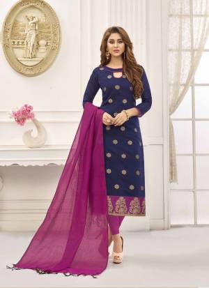 Simple And Elegant Looking Straight Suit Is Here In Navy Blue Colored Top Paired With Magenta Pink Colored Bottom And Dupatta. This Dress Material Is Cotton Based Paired With Art Silk Fabricated Dupatta. Get This Stitched As Per Your Desired Fit And Comfort. 