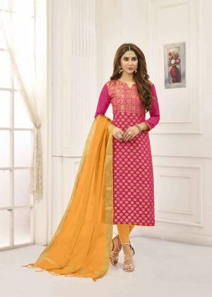 For A Bold And Beautiful Look, Grab This Pretty Dress Material In Dark Pink Color Paired With Musturd Yellow Colored Bottom And Dupatta. This Dress Material Is Cotton Based Paired With Art Silk Dupatta, Get This Stitched As Per Your Desired Fit And Comfort. 