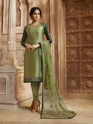Go With The Pretty Shades Of Green With This Designer Two In One Indo-Western Suit. Its Top, Bottom And Dupatta are In Light Green Color Paired With Dark Green Colored Lehenga. Its Top Is Fabricated On Satin Georgette Paired With Santoon Bottom, Georgette Fabricated Embroidered Lehenga And Net Fabricated Dupatta. Buy Now.
