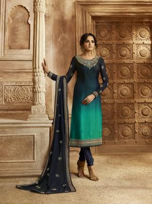 Shaded Dress Can Never Goes Out Of Style. So Grab This Designer Two In One Indo-Western Suit In Navy Blue And Blue Shaded Top Paired With Navy Blue Colored Bottom, Lehenga And Dupatta. Its Top Is Fabricated On Satin Georgette Paired With Santoon Bottom And Georgette Fabricated Lehenga And Dupatta. Buy This Now.