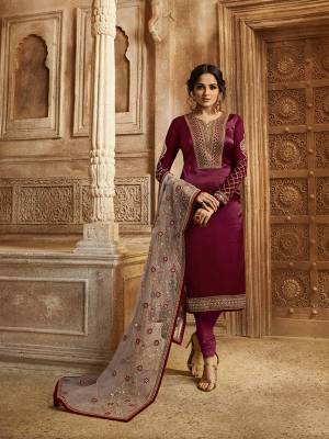 Beautiful Color Pallete Is Here With This Designer Two In One Indo-Western Suit In Magenta Pink Colored Top And Bottom Paired With Contrasting Grey Colored Lehenga And Dupatta. Its Top Is Fabricated On Satin Georgette Paired With Santoon Bottom And Net Fabricated Lehenga And Dupatta. Pair With Any Of The Bottoms As Per Your Convinince. Buy Now.