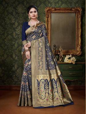 Celebrate This Festive Season With A Pure Traditional Touch Wearing This Designer Silk Based Saree In Navy Blue Color. This Saree And Blouse Are Fabricated On Art Silk Beautified With Weave All Over. Buy This Designer Saree Now.