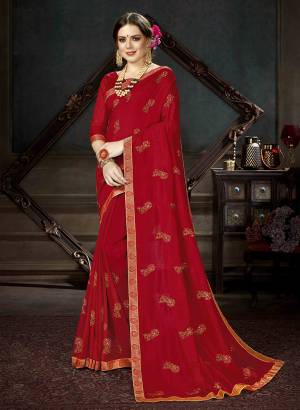 Add This Very Pretty Designer Saree To Your Wardrobe In Red Color Paired With Red Colored Blouse. This Saree Is Georgette Based Paired With Art Silk Fabricated Blouse. It Is Beautified With Thread Embroidery Butti And Stone Work. 