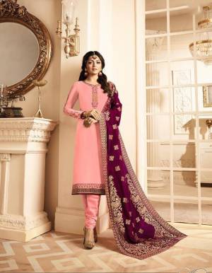 Look Pretty Amongst All Wearing This Designer Straight Suit In Pink Color Paired With Magenta Pink Colored Dupatta, This Suit Is Satin Georgette Based Paired With Santoon Bottom And Jacquard Silk Dupatta. Buy This Now.