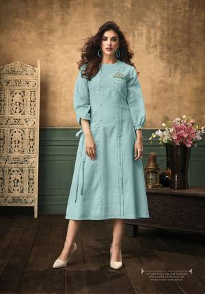 A Perfect Girly Look For Festive Wear Is Here With This Designer Readymade Kurti In Sky Blue Color Fabricated On Satin Cotton Beautified With Thread Embroidery. 
