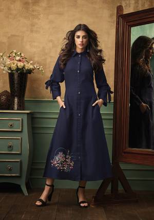 Enhance Your Personality In This Designer Readymade Kurti In Navy Blue Color Fabricated On Satin Cotton. Its Fabric Is Soft Towards Skin And Ensures Superb Comfort All Day Long. 