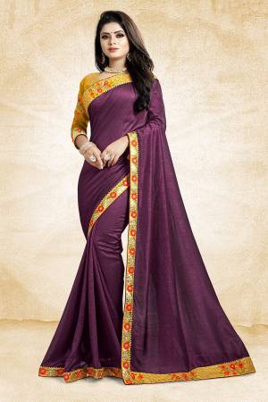 Celebrate The Festive Season With Beauty And Comfort Wearing This Designer Silk Based Saree In Purple Color Paired With Contrasting Musturd Yellow Colored Blouse. It Is Beautified With Contrasting Thread And Jari Work Over The Blouse And Saree Lace Border. Buy This Designer Saree Now.