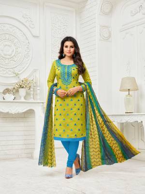 If Those Readymade Suit Does Not Lend You the Desired Comfort Than Grab This Dress Material And Get This Stitched As Per Your Desired Fit And Comfort. Its Green Colored Top Is Fabricated On Modal Silk Paired With Blue Colored Cotton Fabricated Bottom And Green And Blue Colored Dupatta. 