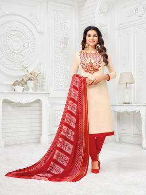 Rich And Elegant Looking Straight Suit Is Here In Cream Colored Top Paired With Red Colored Bottom And Dupatta. Its Embroidered Top Is Fabricated On Modal Silk Paired With cotton Bottom And Chiffon Fabricated Dupatta. Buy This Dress Material Now.