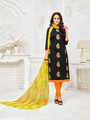 For A Bold And Beautiful Look, Grab This Designer Dress Material In Black Colored Top Paired With Orange Colored Bottom And Orange And Green Colored Dupatta. Get This Stitched As Per Your Desired Fit And Comfort. 