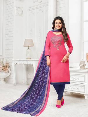 Look Pretty In This Designer Thread Embroidered Straight Suit In Pink Colored Top Paired With Contrasting Violet Colored Bottom And Dupatta. Its Top Is Fabricated On Modal Silk Paired With Cotton Bottom And Chiffon Fabricated Dupatta. Get This Stitched As Per Your Desired Fit And Comfort. 