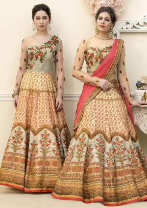 Grab This Beautiful Designer Two In One Lehenga Choli Cum Gown In Grey And  Beige Color. You Can Get This Stitched As A Lehenga Or Floor Length Gown As Per Your Occasion And Convenience. Its Blouse Are Lehenga Are Fabricated On Banarasi Art Silk Beautified With Digital Prints And Embroidery Paired With Chiffon Fabricated Dupatta. Buy This Heavy Designer Piece Now. 