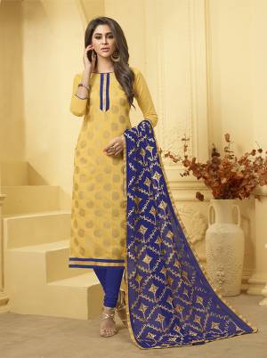 Grab This Pretty Dress Material And Get This Stitched As Per Your Desired Fit And Comfort. Its Top Is Fabricated On Jacquard Silk Paired With Cotton Bottom And Chiffon Fabricated Dupatta. This Pretty Golden And Blue Color Pallete Earn You Lots of Compliments From Onlookers. 