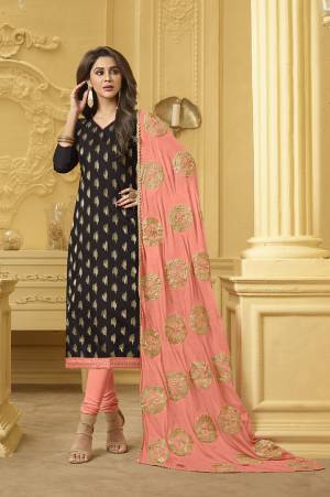 Look Pretty In This Designer Dress Material In Black Colored Top Paired With Peach Colored Bottom And Dupatta. Its Top Is Jacquard Silk Fabricated Paired With Cotton Bottom And Chiffon Fabricated Dupatta. Buy Now.