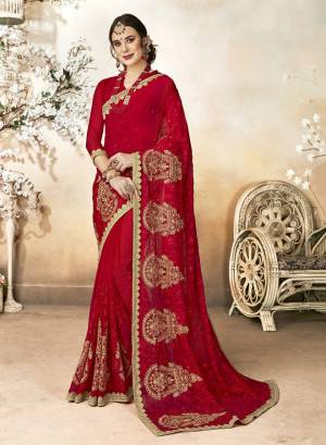 Adorn The Pretty Angelic Look Wearing This Designer Red Colored Saree Paired With Red Colored Blouse. This Saree Is Fabricated On Georgette Paired With Art Silk Fabricated Blouse. Buy This Saree Now.