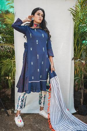 Follow This Amazing Trend Of Designer Readymade Pair Of Kurti And Pants. Its Both Top And Bottom Are Fabricated On Khadi Beautified With Prints And Thread Embroidery. It Is Light In Weight And Easy To Carry All Day Long. Buy Now.