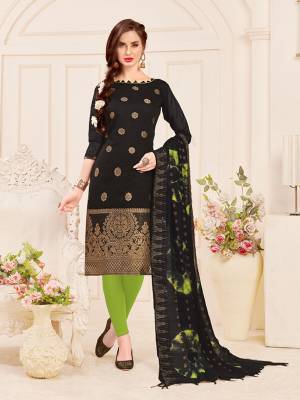 For A Bold And Beautiful Look, Grab This Designer Dress Material In Black Colored Top Paired With Green Colored Bottom And Black Colored Dupatta. Its Top Is Fabricated On Banarasi Jacquard Silk Paired With Cotton Bottom And Banarasi Dupatta. Get This Stitched As Per Your Desired Fit And Comfort.