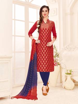 Rich And Elegant Looking Designer Straight Suit Is Here In Red Colored Top Paired With Royal Blue Colored Bottom And Royal Blue & Red Colored Dupatta. Its Top And Dupatta Are Fabricated On Banarasi Jacquard Silk Paired With Cotton Bottom. Buy This Dress Material Now.
