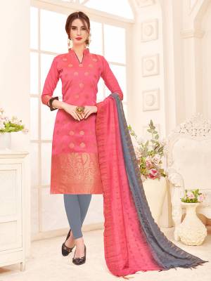 For A Bold And Beautiful Look, Grab This Designer Dress Material In Pink Colored Top Paired With Grey Colored Bottom And Pink & Grey Colored Dupatta. Its Top Is Fabricated On Banarasi Jacquard Silk Paired With Cotton Bottom And Banarasi Dupatta. Get This Stitched As Per Your Desired Fit And Comfort.