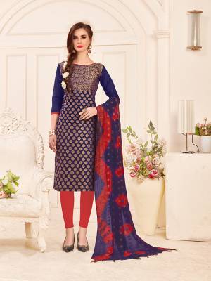 Celebrate This Festive Season With Beauty And Comfort Wearing This Straight Suit In Navy Blue Colored Top Paired With Contrasting Red Colored Bottom And Navy Blue & Red Shaded  Dupatta. Its Top And Dupatta Are Fabricated On Banarasi Jacquard Silk Paired With Cotton Bottom. Buy This Dress Material Now.