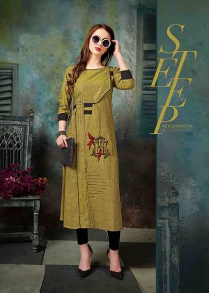 New Shade Is Here To Add Into Your Wardrobe With This Designer Readymade Kurti In Olive Green Color Fabricated On Khadi Cotton. It Has Unique Pattern With Pretty Thread Embroidery. 