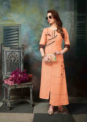 Celebrate This Festive Season With Beauty And Comfort Wearing This Designer Readymade Kurti In Orange Color Fabricated On Khadi Cotton. It Is Beautified With Thread Work Has Assymetric Pattern. 