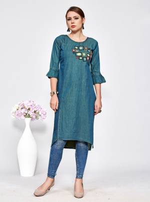Adorn A Trendy Look With This Designer Kurti In Blue Color Fabricated On Denim Cotton. It Is Beautified With Cut Work And Available In All Sizes. This Kurti Is Light In Weight And Easy To Carry All Day Long. You can Pair This Up With Denim Or Leggings As Per Your Comfort. 