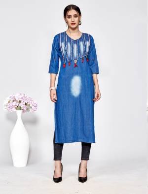 Adorn A Trendy Look With This Designer Kurti In Blue Color Fabricated On Denim Cotton. It Is Beautified With Cut Work And Available In All Sizes. This Kurti Is Light In Weight And Easy To Carry All Day Long. You can Pair This Up With Denim Or Leggings As Per Your Comfort. 