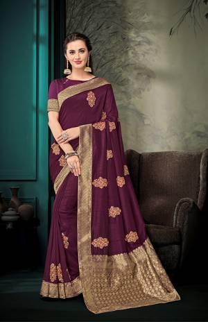 You Will Definitely Earn Lots Of Compliments With Rich Color Pallete Wearing This Designer Saree In Wine Color. This Saree And Blouse Are Silk Beautified With Embroidered Butti All Over And Highlited With Jacquard Silk Pallu. Buy Now.