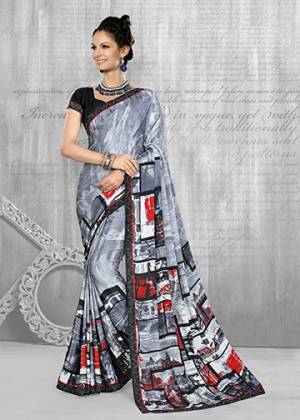 Add This Pretty Saree To Your Wardrobe In Grey Color Paired With Black Colored Blouse. This Saree And Blouse Are Fabricated On Crepe Beautified With Abstract Prints All Over It. Buy Now.
